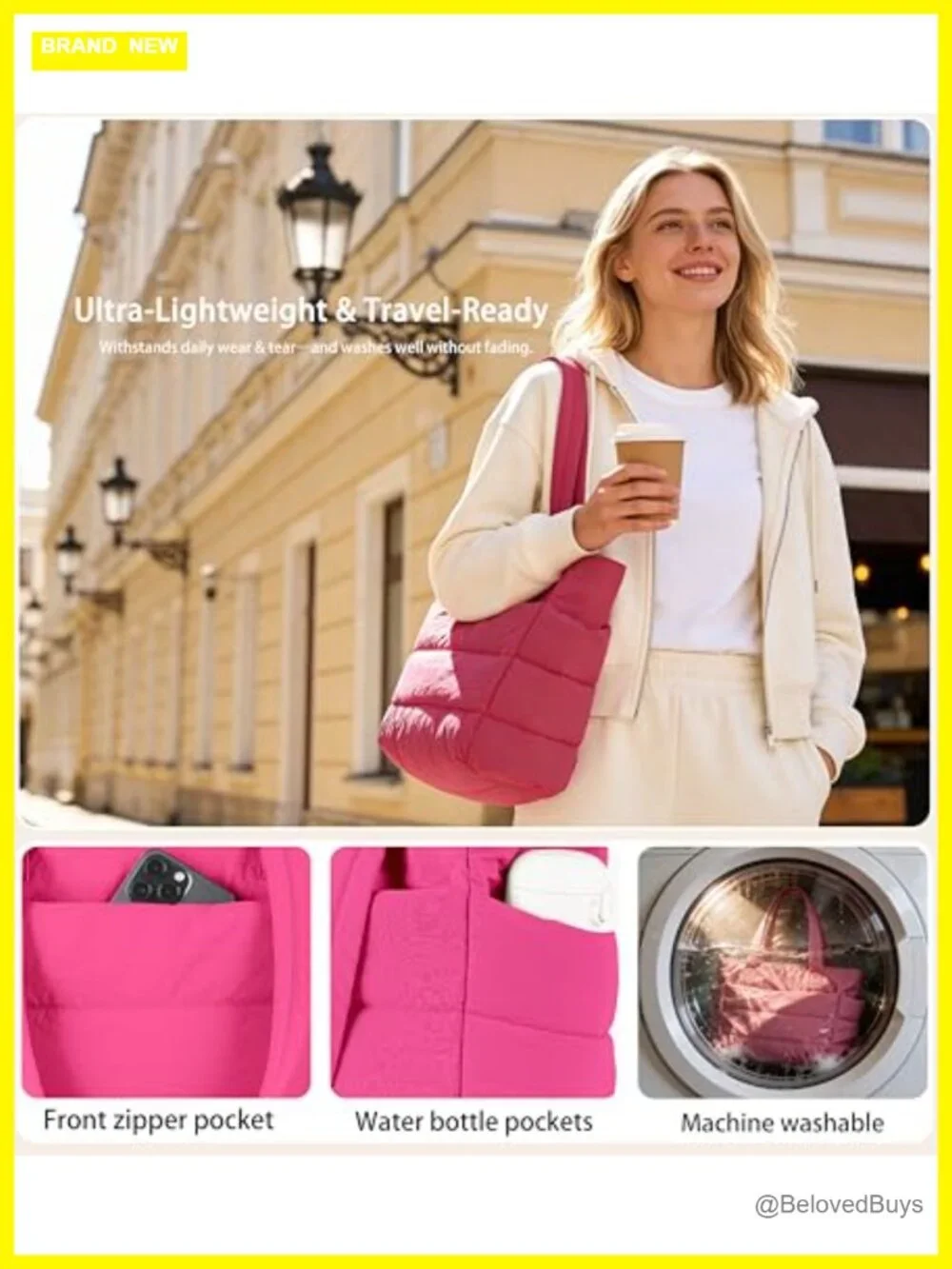 Lightweight Puffy Quilted Tote Bag with Multiple Compartments, Travel Work Gym